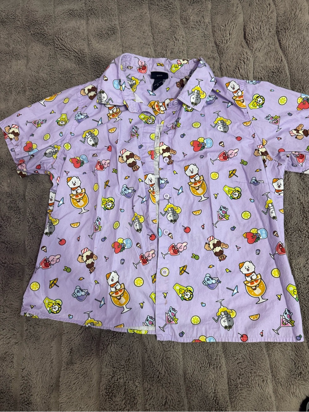 Kids Lavender Cartoon Print Button-Up Shirt